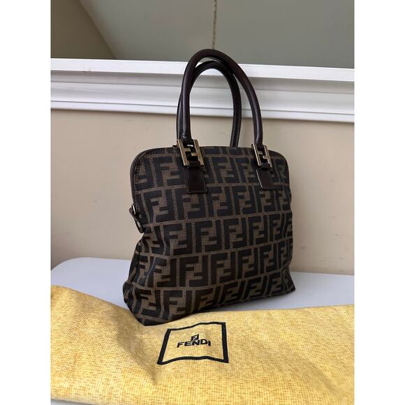 Vintage Fendi Zucca Monogram Canvas Satchel Top Handle Bag Brown Authentic - Picture 4 of 16